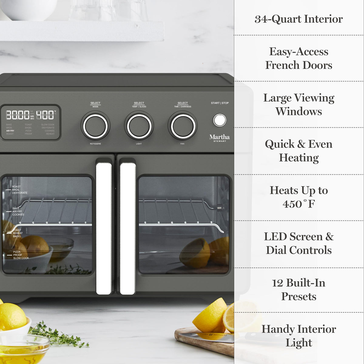 Martha Stewart 12 presets displayed on the LED panel for quick options.