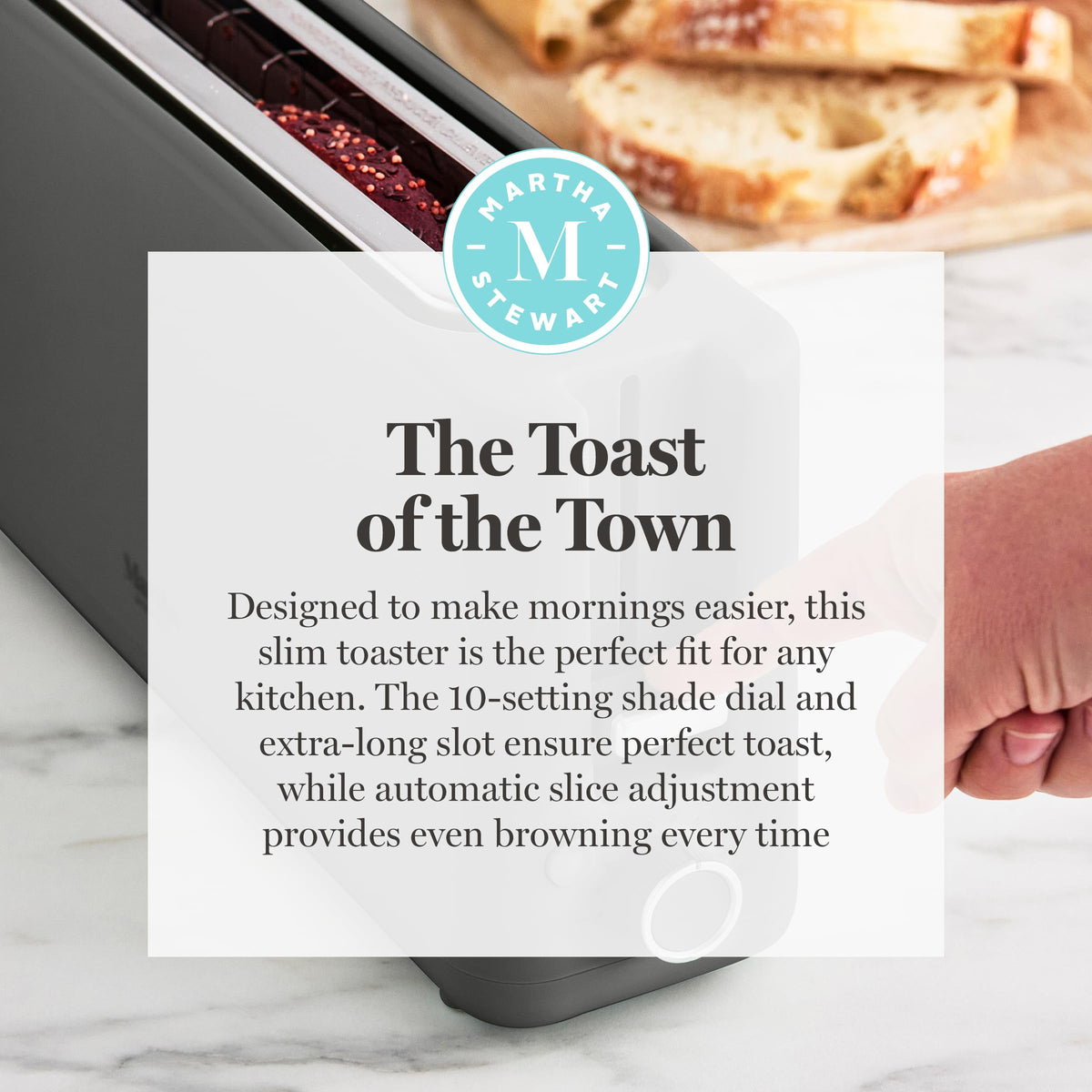 Martha Stewart 2-Slice Long Slot Toaster integrated cord wrap keeps cords tidy.