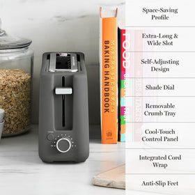 Martha Stewart 2-Slice Long Slot Toaster removable crumb tray eases cleanup.