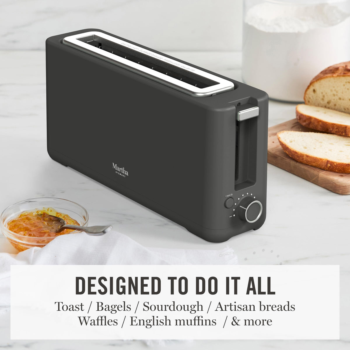 Martha Stewart 2-Slice Long Slot Toaster self-centering image illustrates even browning from edge to edge.
