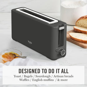 Martha Stewart 2-Slice Long Slot Toaster self-centering image illustrates even browning from edge to edge.