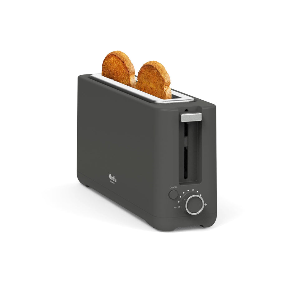 Martha Stewart 2-Slice Long Slot Toaster slot view shows generous capacity for sourdough and bagels.