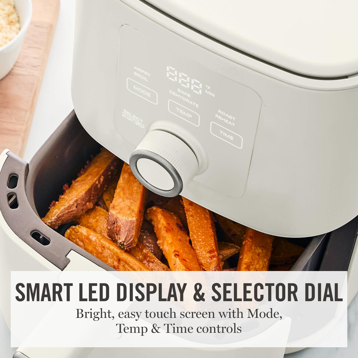 Martha Stewart 6QT Air Fryer shake reminder helps achieve even crisping.