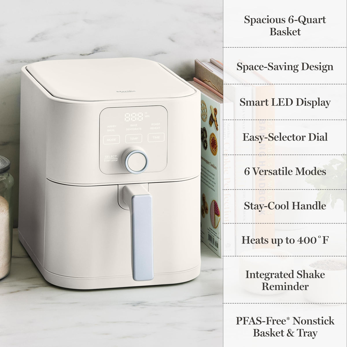 Martha Stewart 6QT Air Fryer stay-cool handle for safe handling.