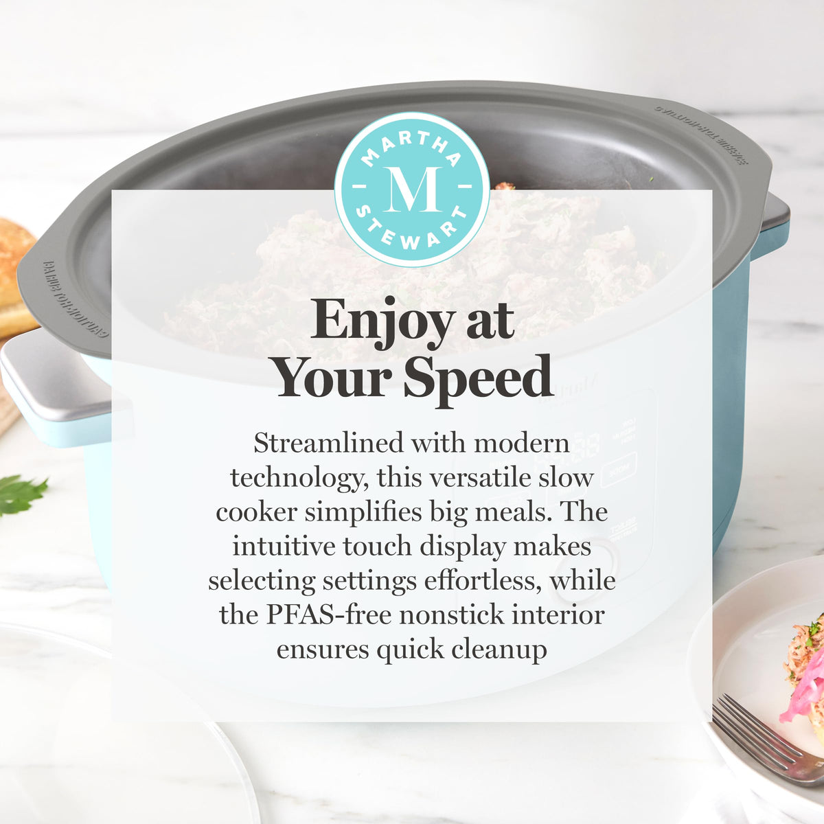 Martha Stewart slow cooker keep-warm mode ensures ready-to-serve meals.