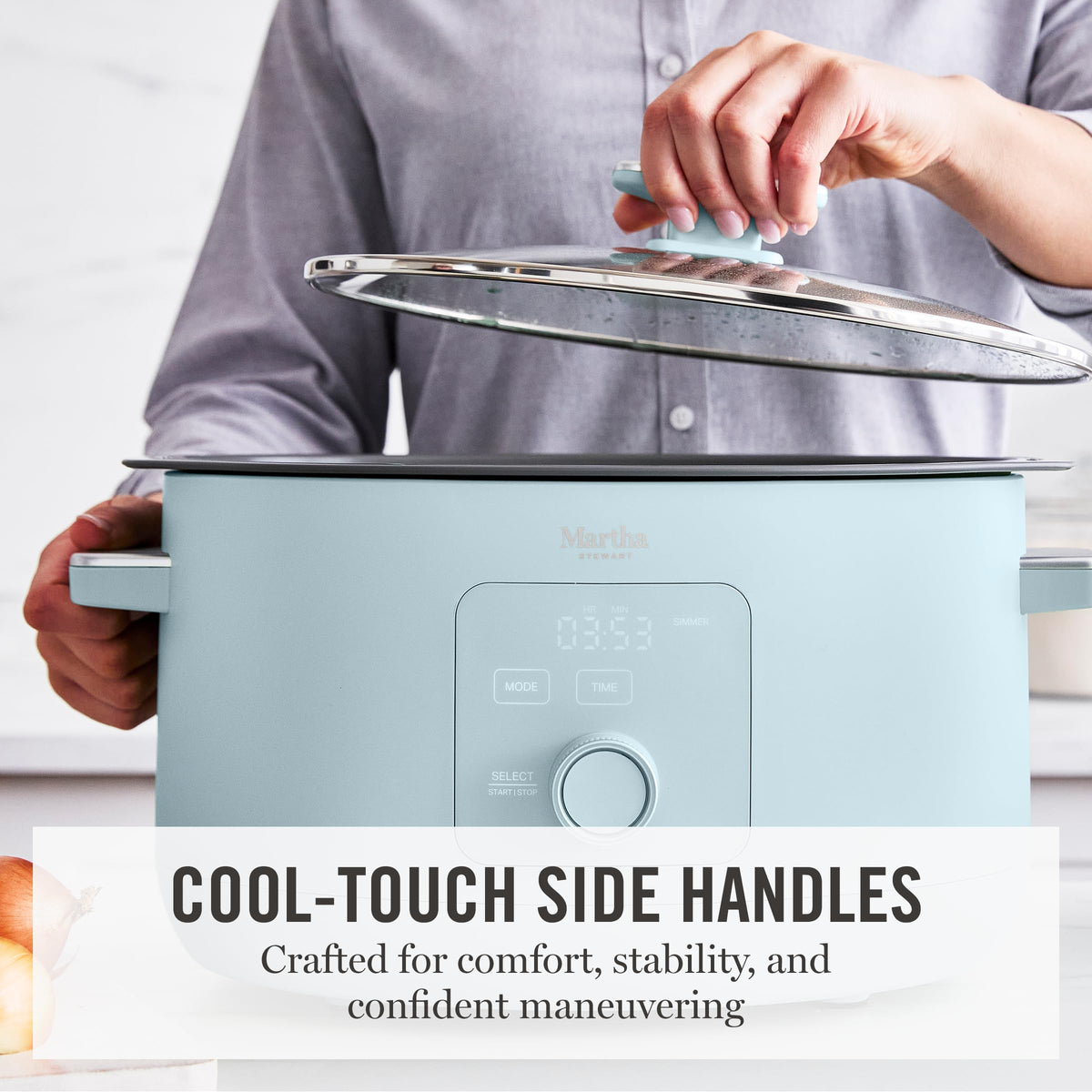 Martha Stewart slow cooker LCD touch display emphasizes simple control and timing.