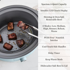 Martha Stewart slow cooker six cooking modes shown for versatile recipes.