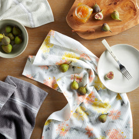 Martha Stewart Amber Floral print towels on counter, ready for cooking prep.