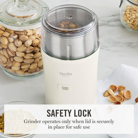 Compact storage design of Martha Stewart grinder keeps bowls neatly stacked.