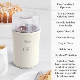 Martha Stewart grinder on counter with linen white finish emphasizes stylish kitchen appliance.