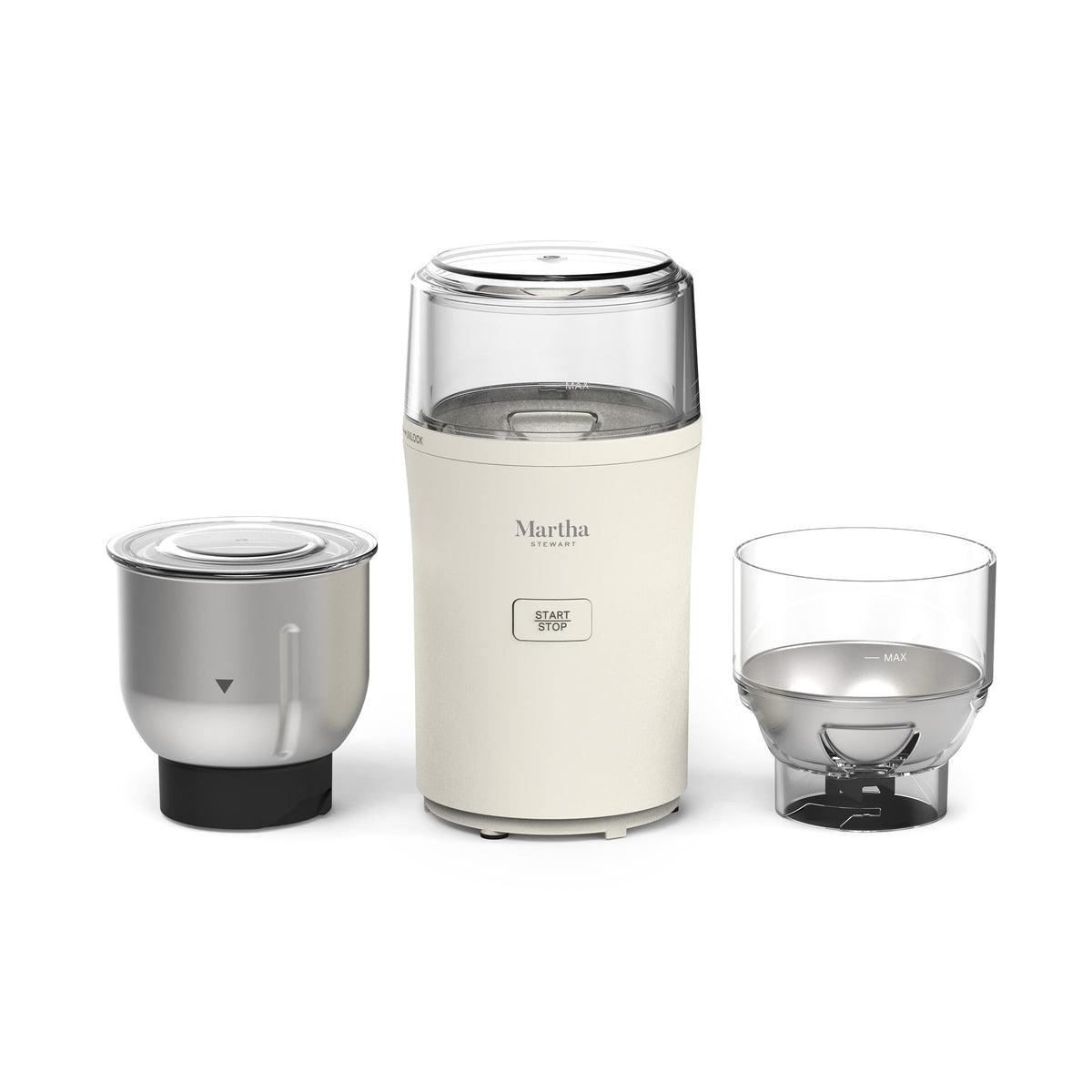 Martha Stewart electric grinder shows dual bowls for beans and spices, enabling flexible prep.