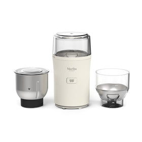 Martha Stewart electric grinder shows dual bowls for beans and spices, enabling flexible prep.