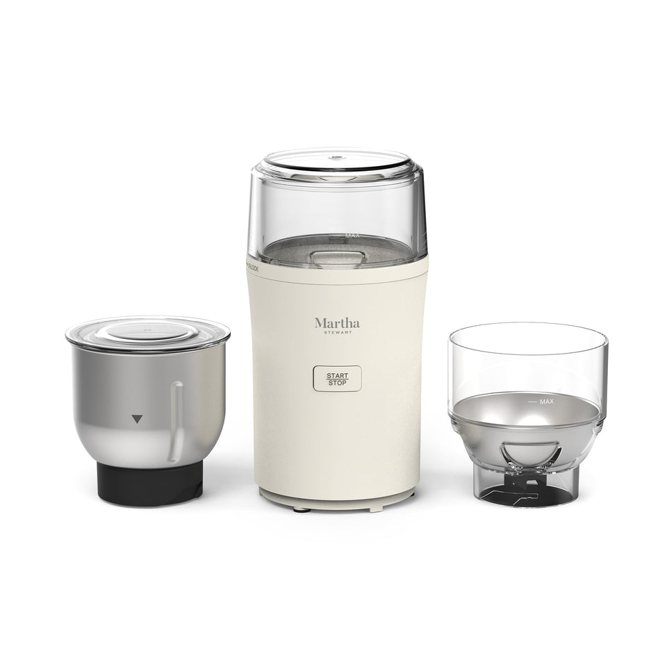 Martha Stewart electric grinder shows dual bowls for beans and spices, enabling flexible prep.