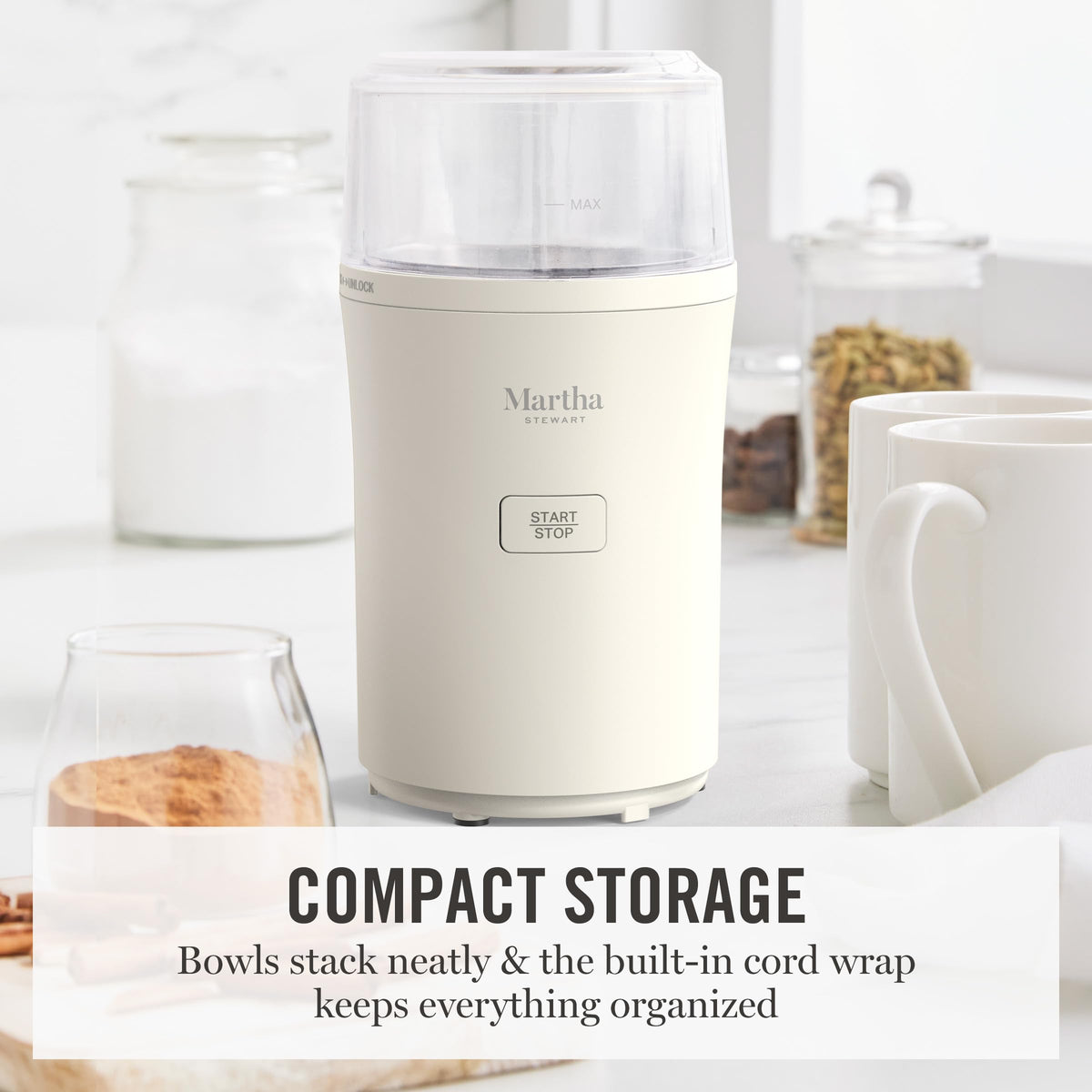 Included accessories scoop and brush with Martha Stewart grinder for easy cleanup.