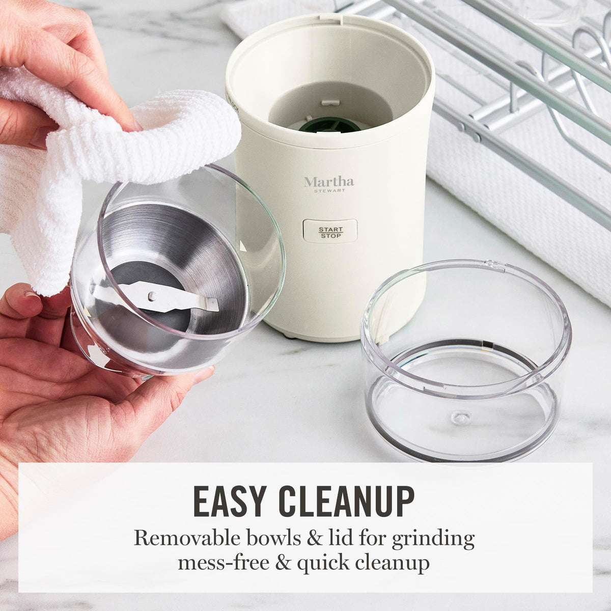 One-touch pulse control demonstrated on Martha Stewart grinder for precise texture.