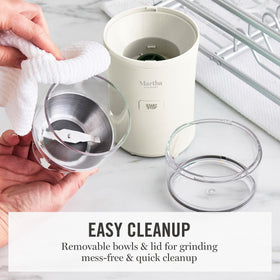 One-touch pulse control demonstrated on Martha Stewart grinder for precise texture.
