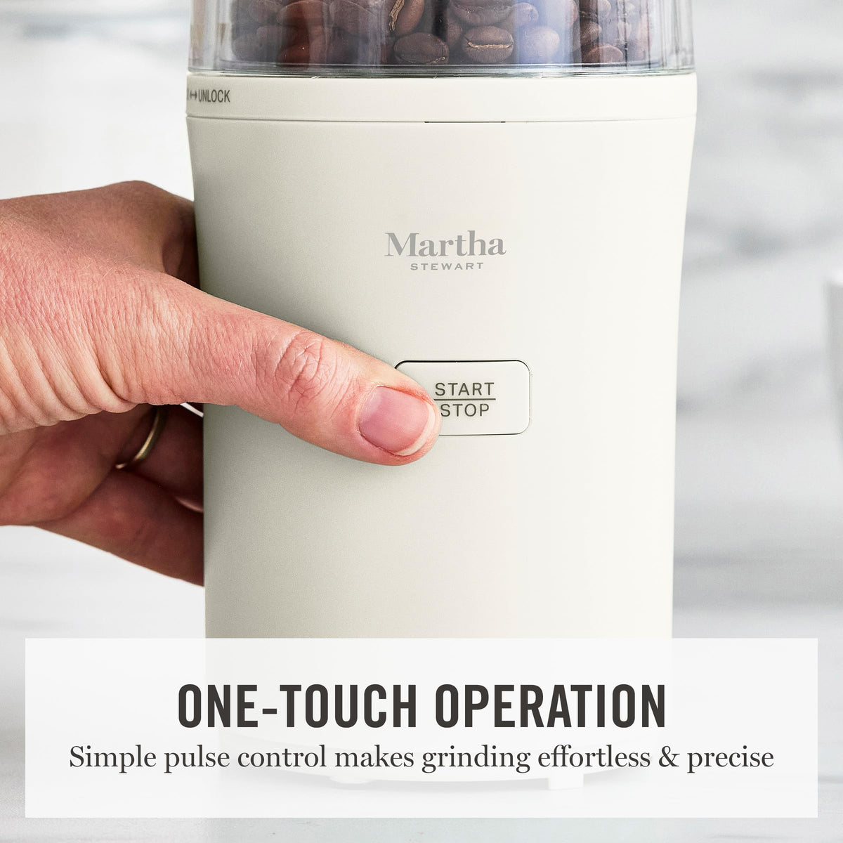 Stainless steel blades on Martha Stewart grinder provide fast, even grinding.