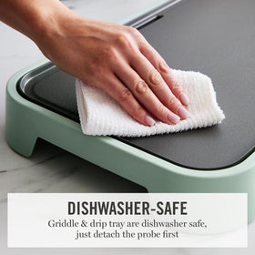 Dishwasher-safe drip tray keeps the cooking area cleaner after use.
