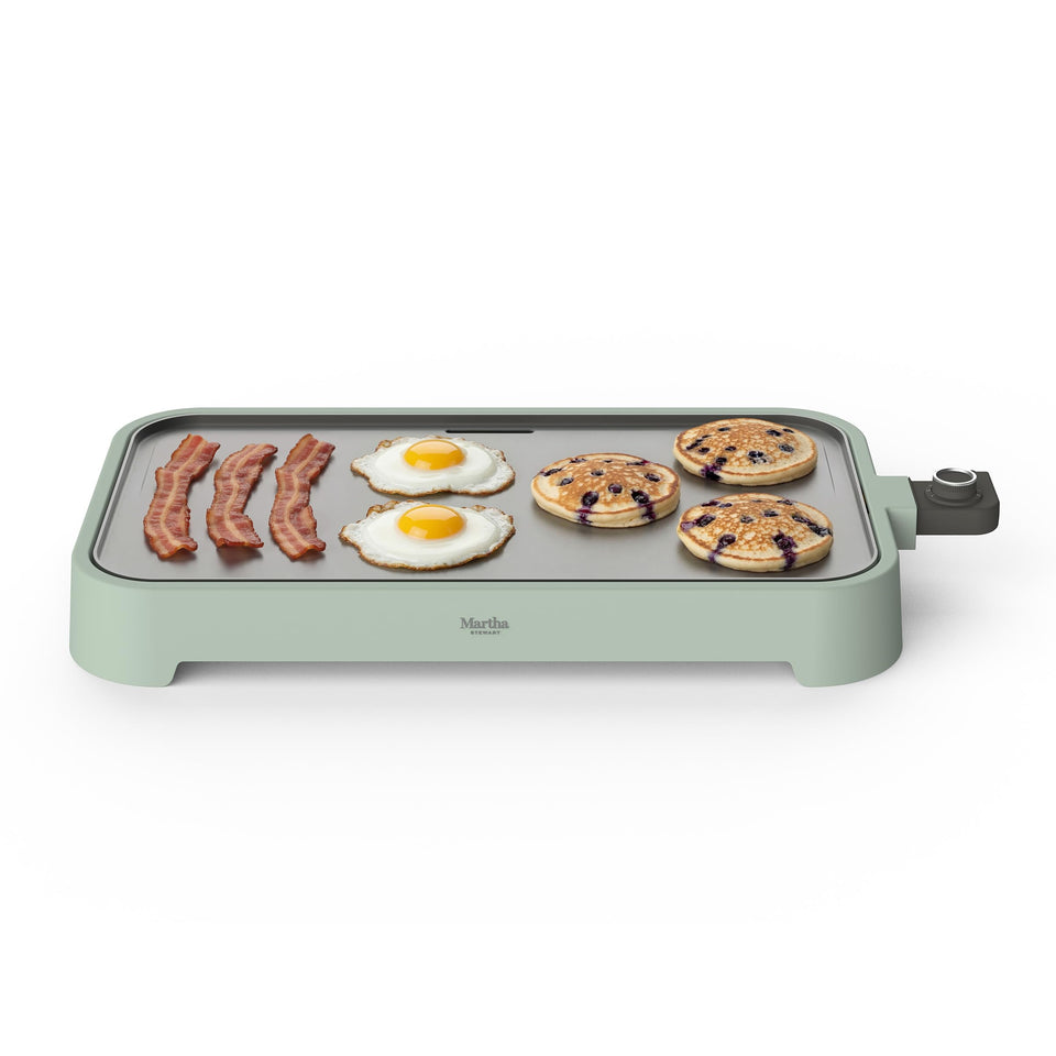 Martha Stewart electric griddle on a 22x12 surface for multiple pancakes and eggs.