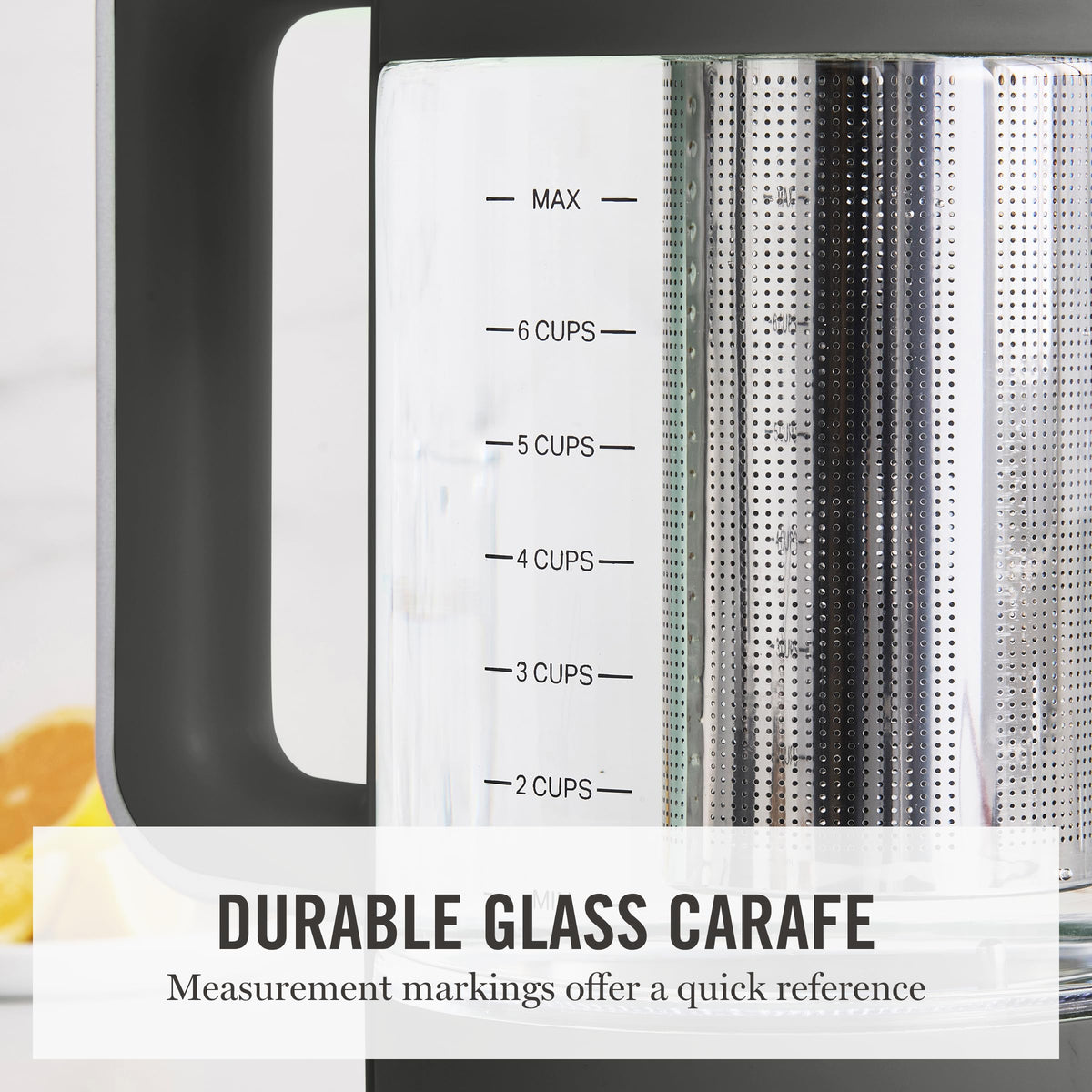 Martha Stewart Electric Kettle glass carafe shows water level clearly.