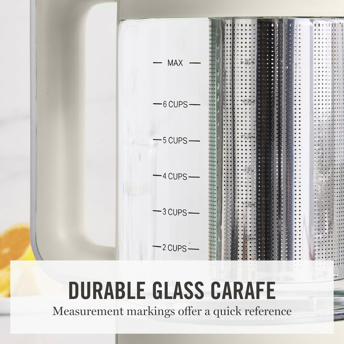 Martha Stewart kettle glass carafe showing water level at a glance