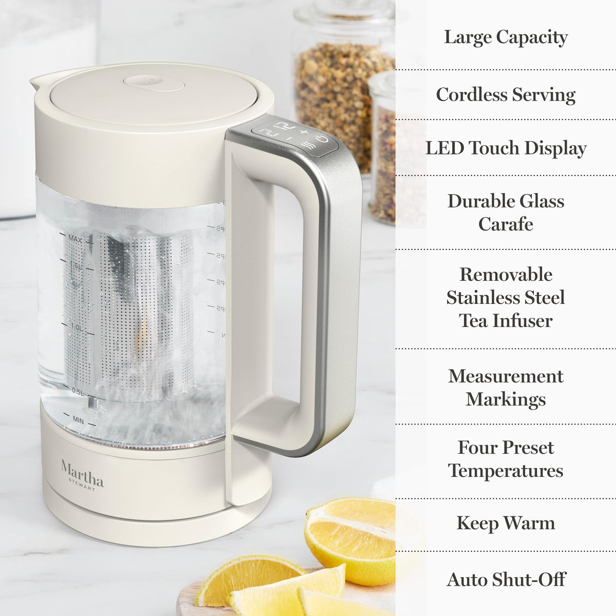 Kettle lid opened to show removable infuser