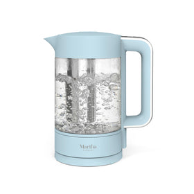 Martha Stewart electric kettle with sky blue glass carafe for easy water level monitoring