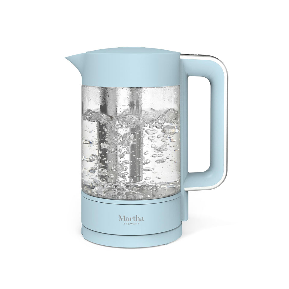 Martha Stewart electric kettle with sky blue glass carafe for easy water level monitoring