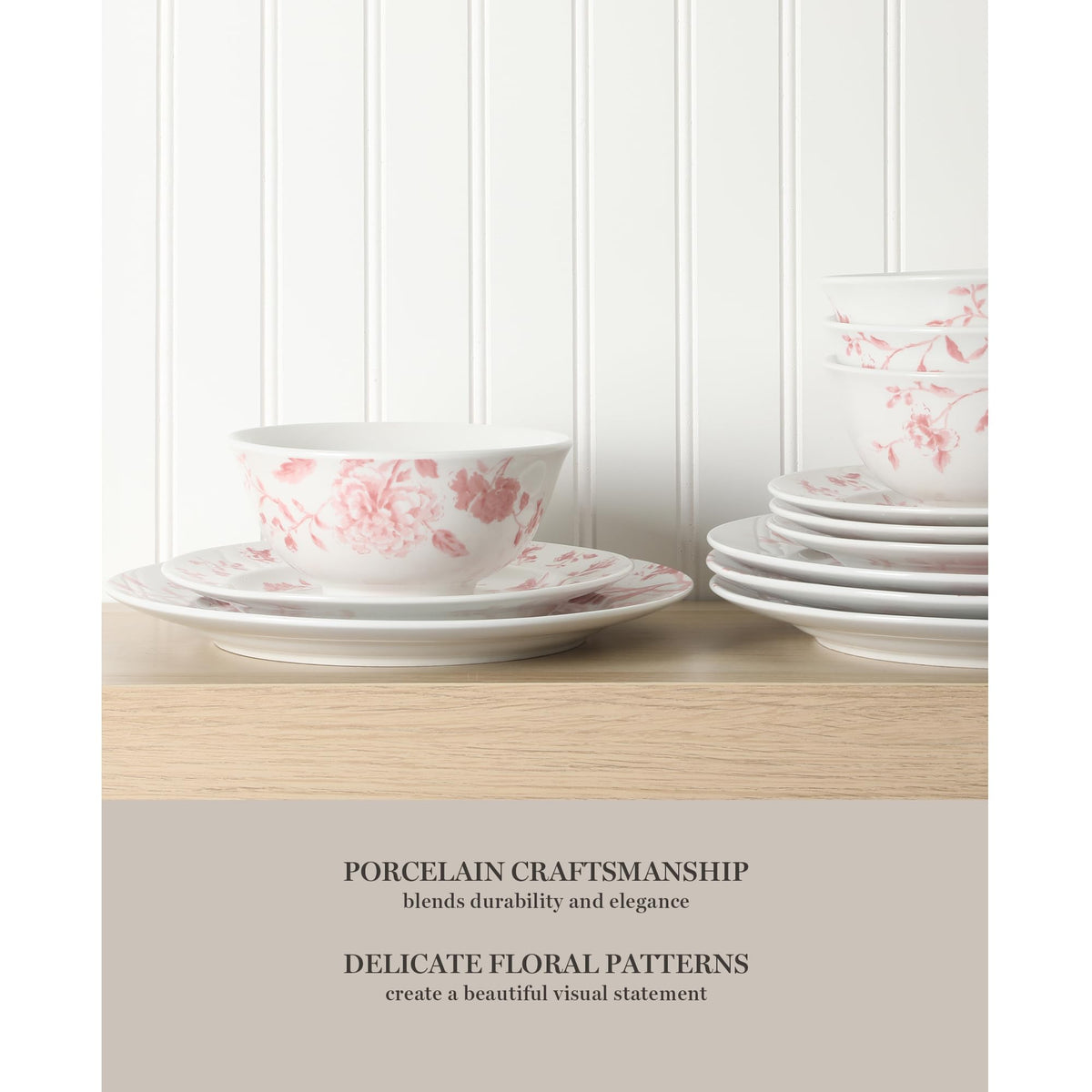 Close-up of the Empress Bouquet chinoiserie pattern highlighting intricate florals for refined table styling.