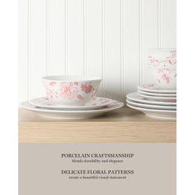 Close-up of the Empress Bouquet chinoiserie pattern highlighting intricate florals for refined table styling.