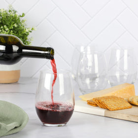 Martha Stewart Farrow closeup of durable stemless glass for longevity.