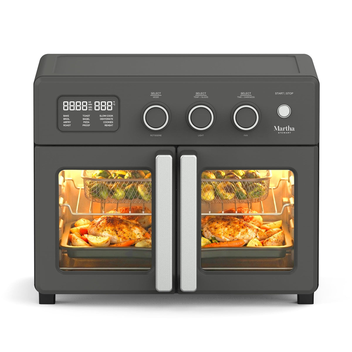 Martha Stewart French Door oven front view with clear doors for easy monitoring.