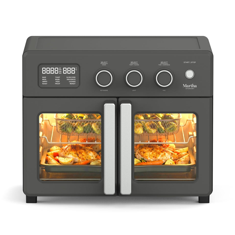 Martha Stewart French Door oven front view with clear doors for easy monitoring.