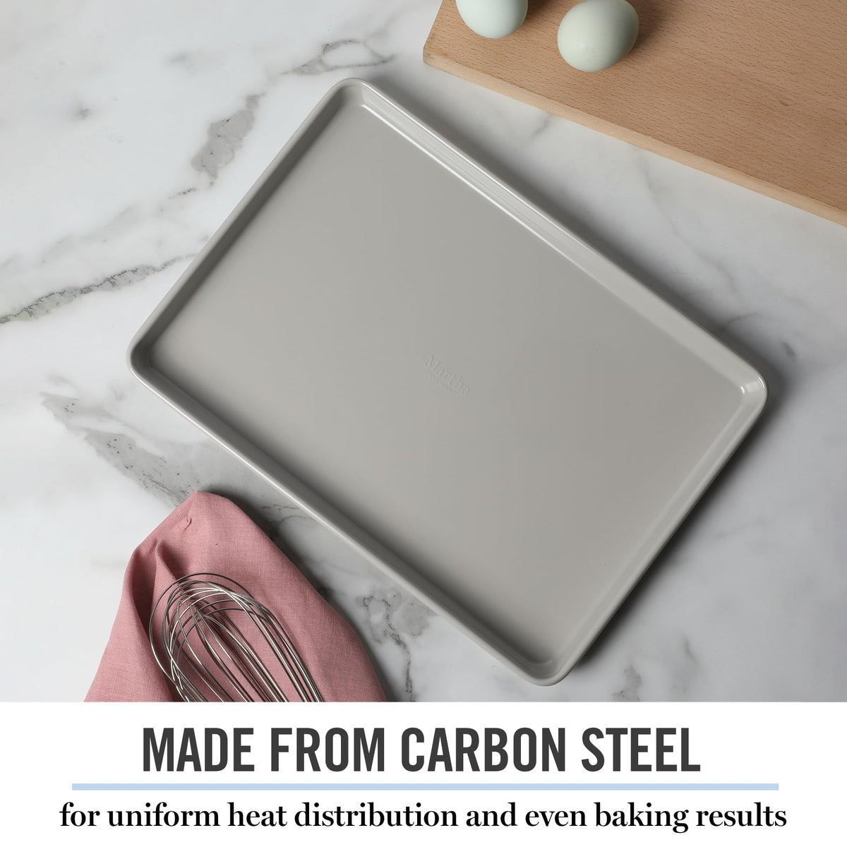 Martha Stewart Gallen rolled rims resist warping under high heat baking.