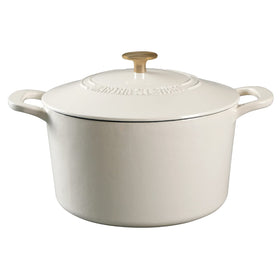 Martha Stewart Gatwick 7-quart Dutch oven in linen white with gold handles, ideal for daily meals