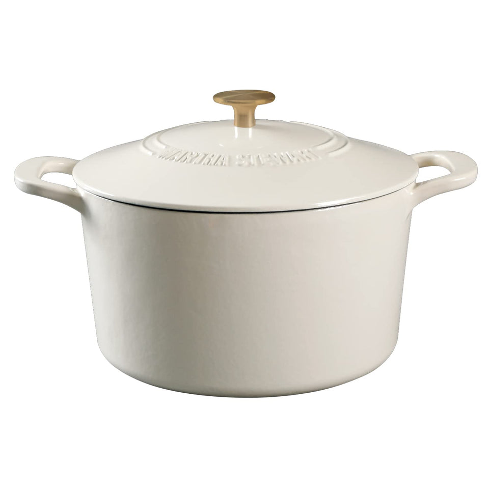 Martha Stewart Gatwick 7-quart Dutch oven in linen white with gold handles, ideal for daily meals