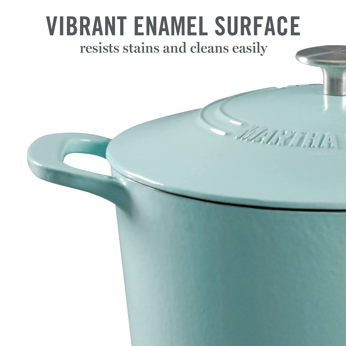 Martha Stewart Gatwick 7qt lid knob close-up emphasizing secure seal.