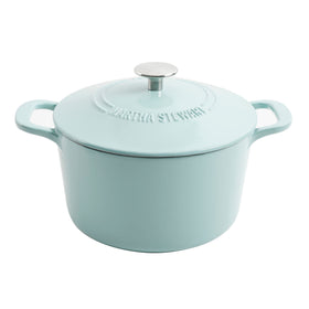 Martha Stewart Gatwick 7qt enameled Dutch oven lid with sturdy handle for easy lifting.