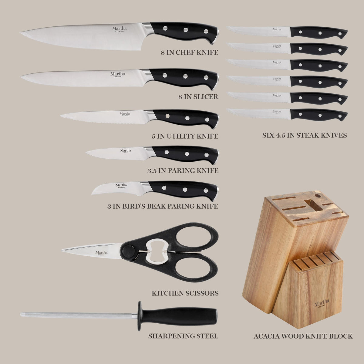 Martha Stewart Greeley 5-inch utility knife — versatile prep for fruit, vegetables, and meat.