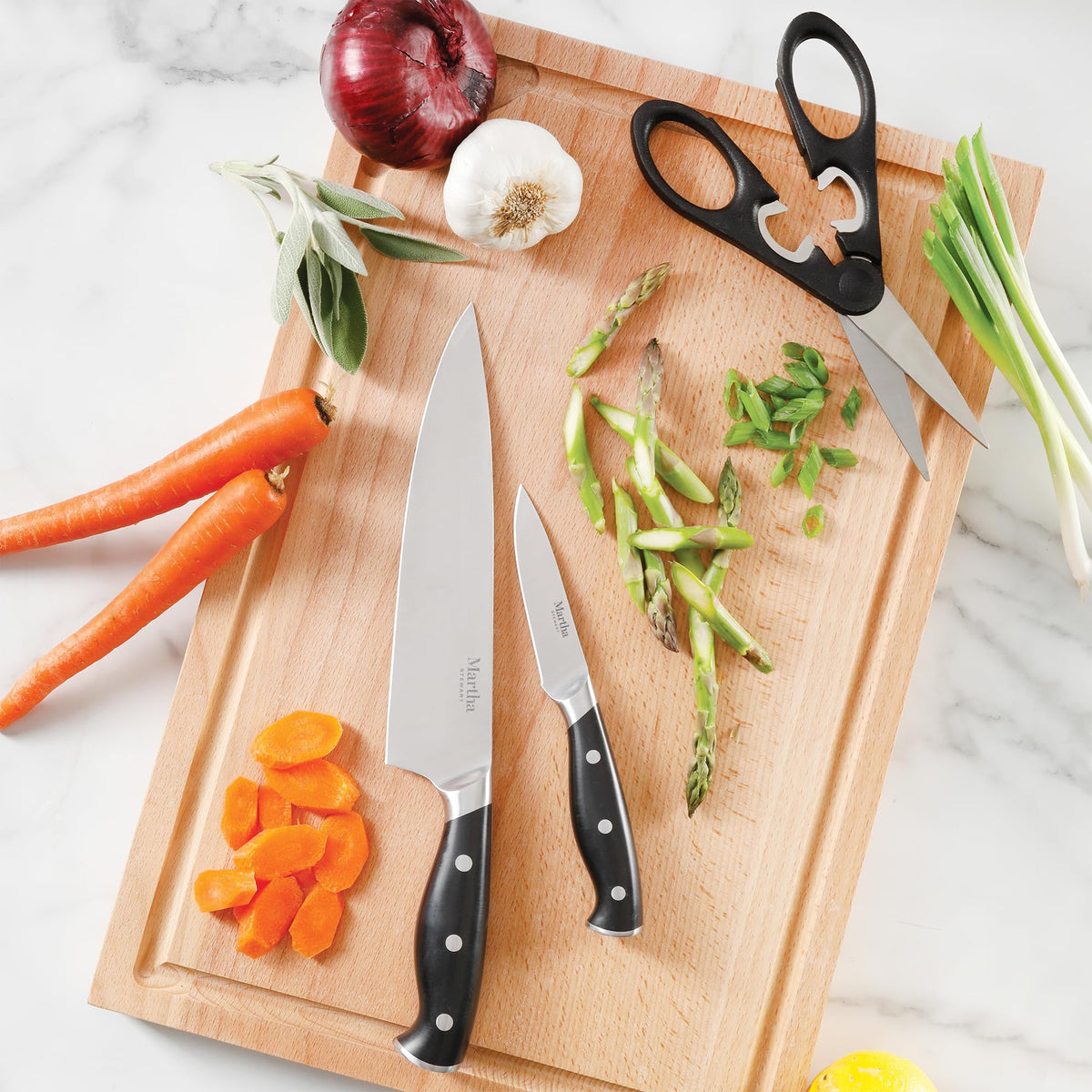 Martha Stewart Greeley acacia wood knife block — stylish, safe-storage for a complete set.