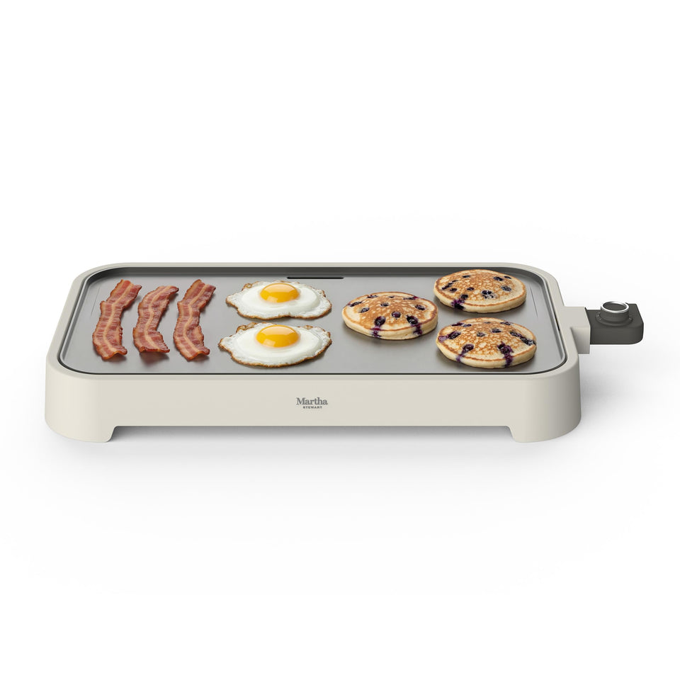 Martha Stewart griddle extralarge surface for cooking multiple items at once.
