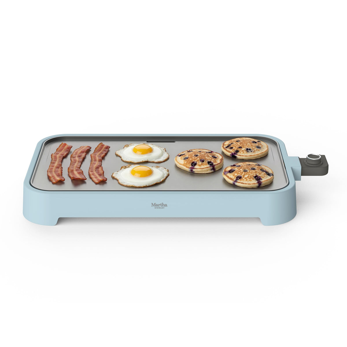 Martha Stewart griddle sky blue top view showing large cooking area for multiple items