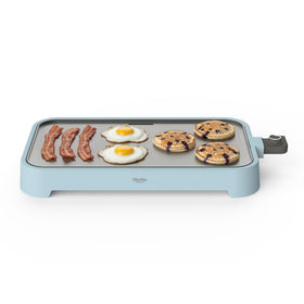 Martha Stewart griddle sky blue top view showing large cooking area for multiple items