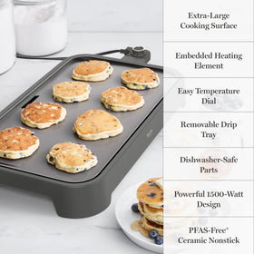 Martha Stewart griddle XL dishwasher-safe parts for easy cleanup.