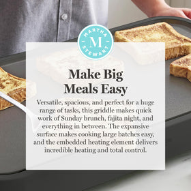 Martha Stewart griddle XL 1500W power on a kitchen counter.