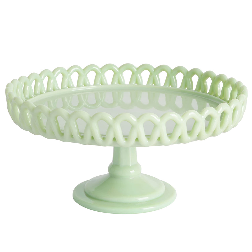 Martha Stewart Highbrook jadeite cake stand top view with loop edging for dessert displays