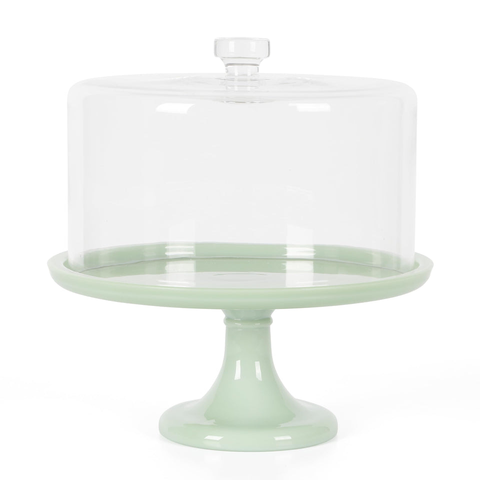 Martha Stewart Highbrook jadeite cake stand displays desserts with vintage charm.