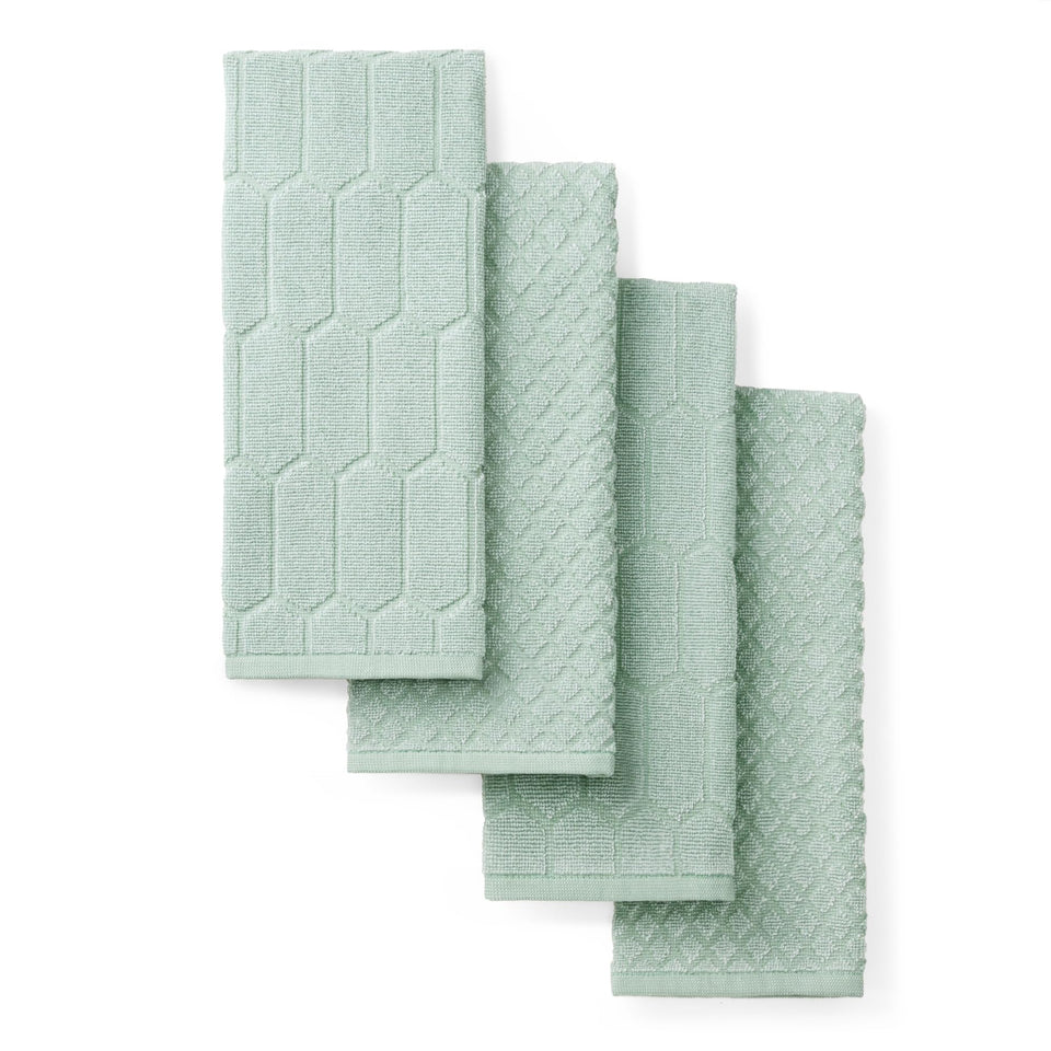 Martha Stewart Honeycomb Chambray towels front view mint green, durable 100% cotton.