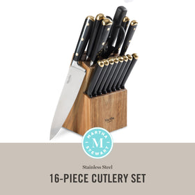 Martha Stewart Lockton 8-inch chef knife close-up highlighting full-tang balance.