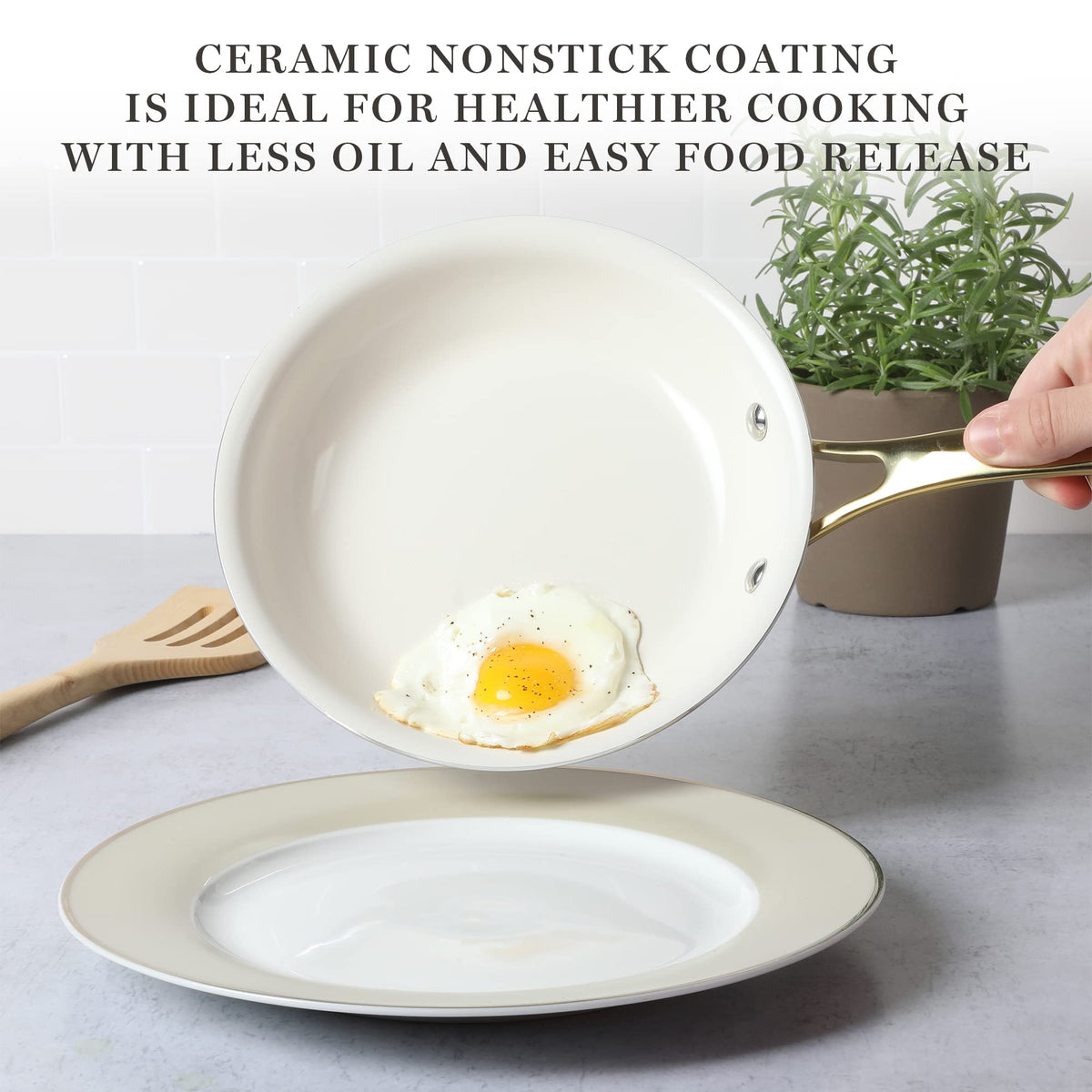 Martha Stewart Lockton 8-inch fry pan with linen white and gold handle for searing